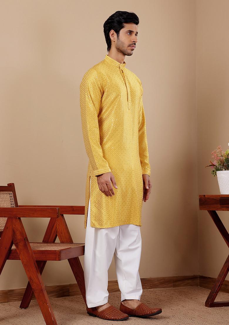 Yellow Embroidered Viscose  Kurta Set For Men