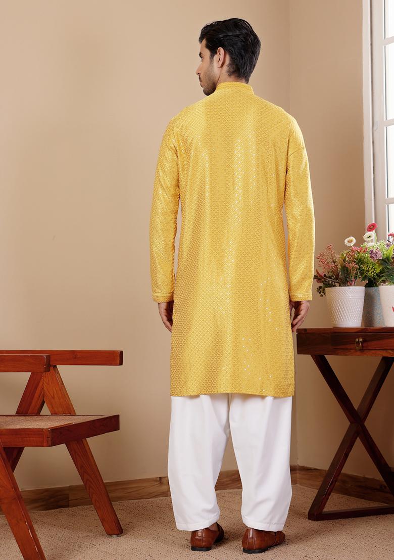 Yellow Embroidered Viscose Kurta Set For Men