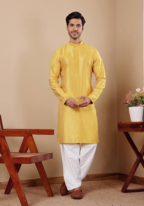 Yellow Embroidered Viscose Kurta Set For Men