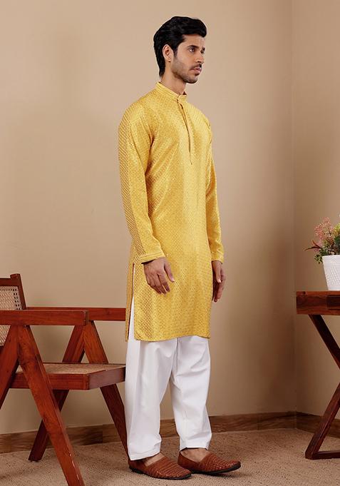 Yellow Embroidered Viscose Kurta Set For Men