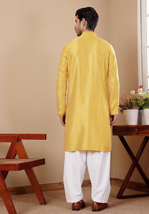 Yellow Embroidered Viscose Kurta Set For Men