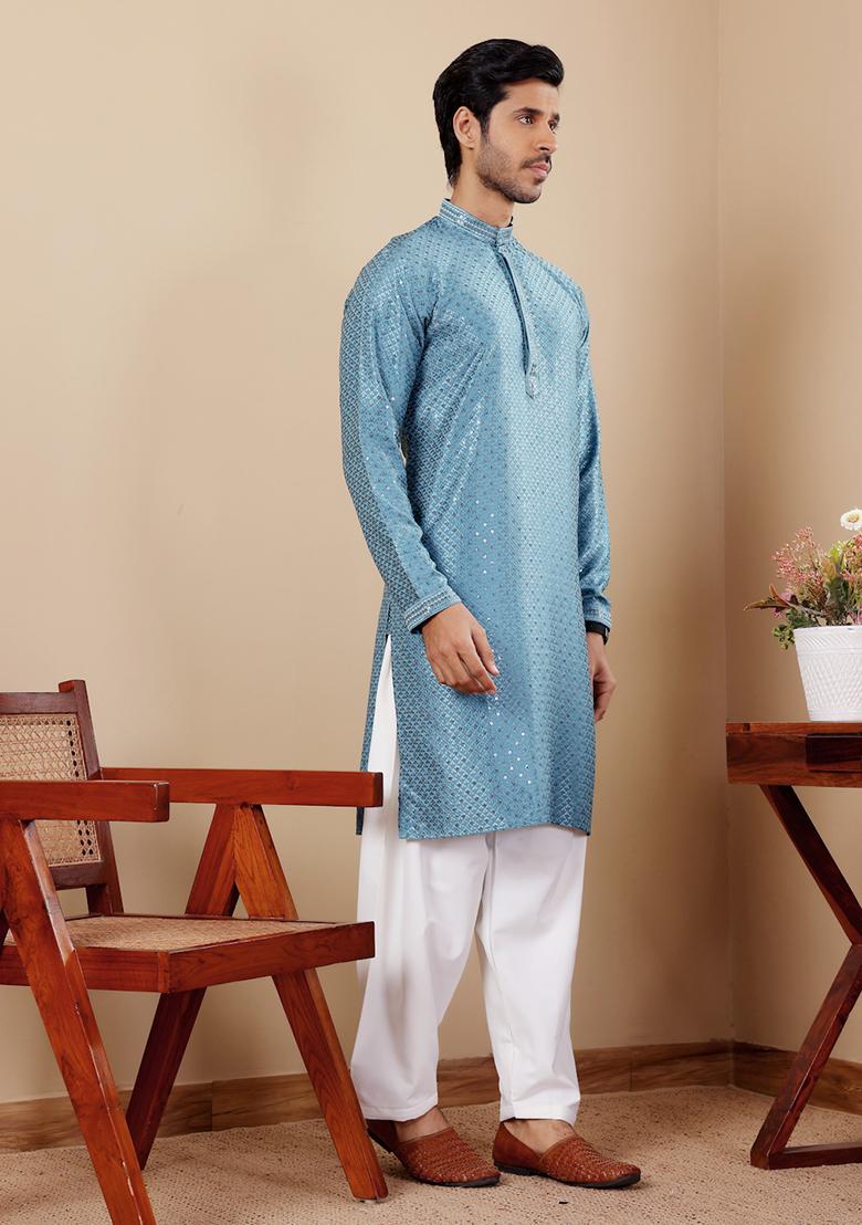 Blue Embroidered Viscose  Kurta Set For Men