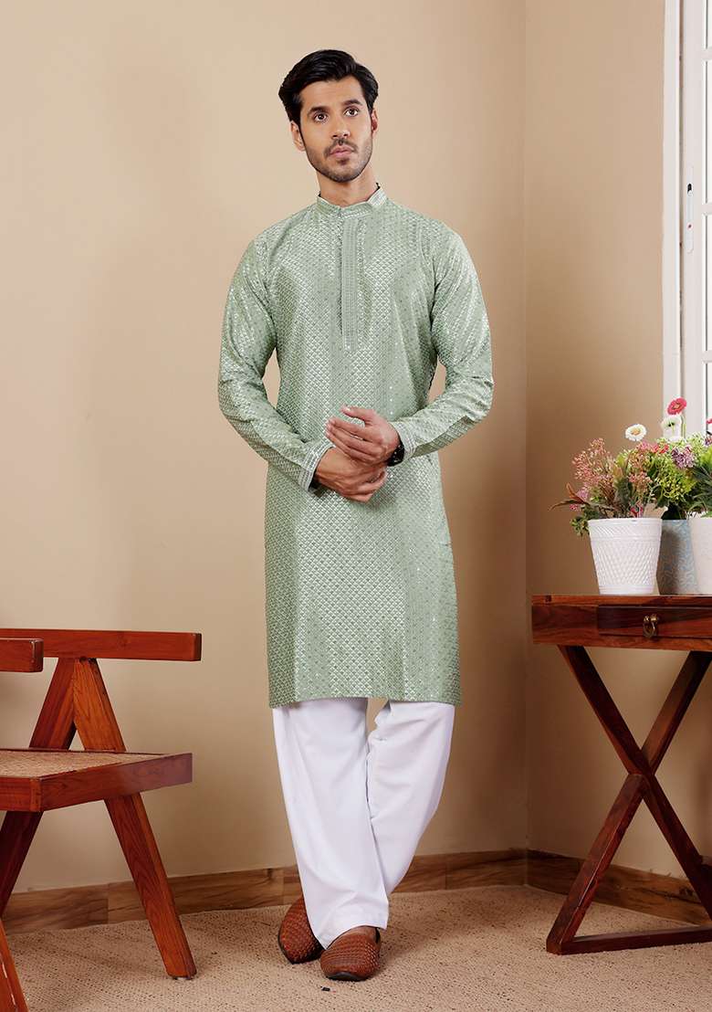 Green Embroidered Viscose  Kurta Set For Men - Indya