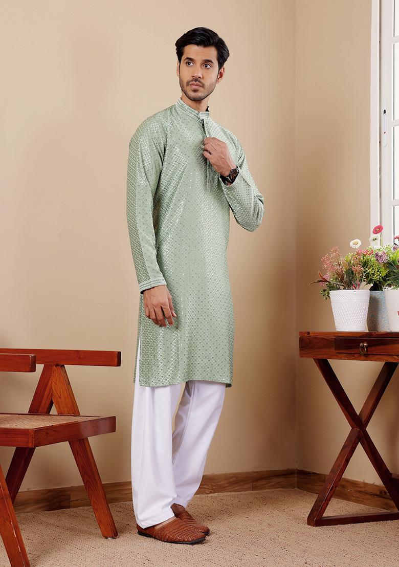 Green Embroidered Viscose  Kurta Set For Men