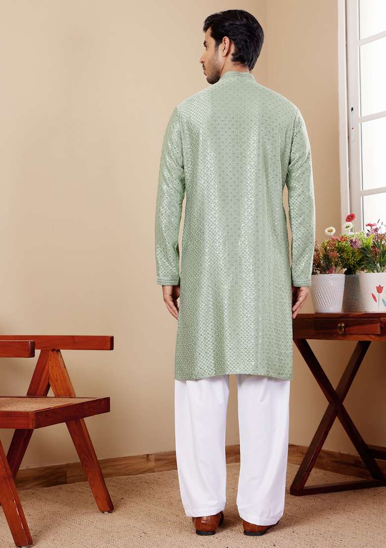 Green Embroidered Viscose  Kurta Set For Men - Indya