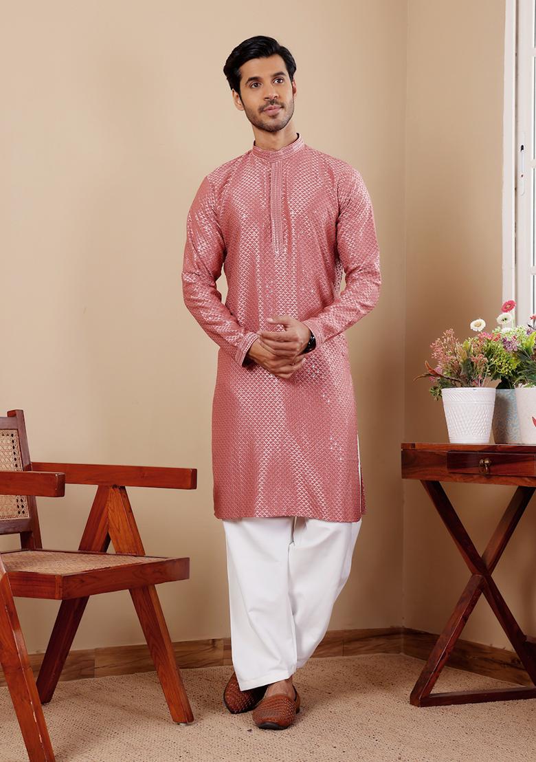 Red Embroidered Viscose Kurta Set For Men