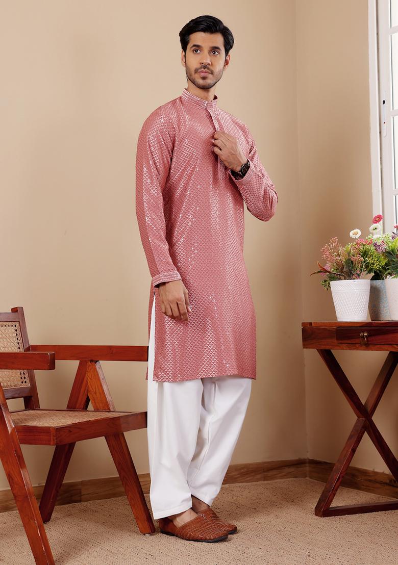 Red Embroidered Viscose  Kurta Set For Men