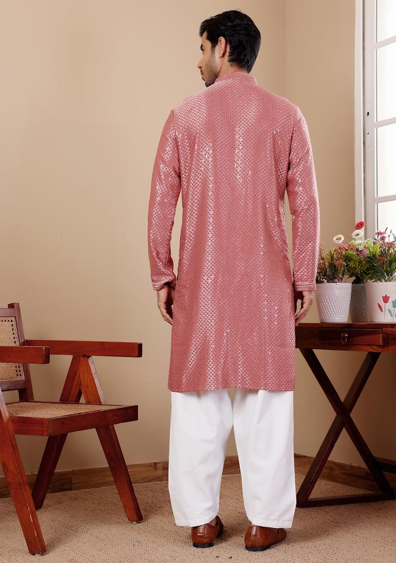Red Embroidered Viscose Kurta Set For Men