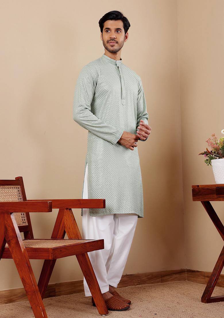 Green Embroidered Viscose  Kurta Set For Men