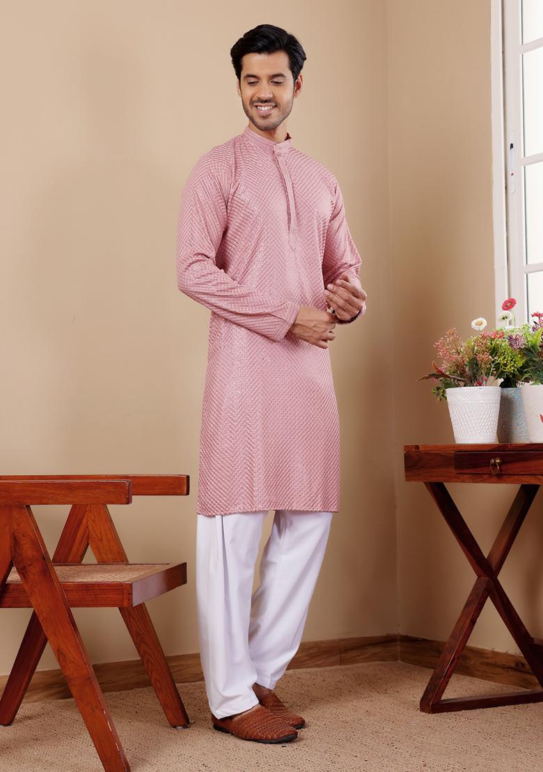 Pink Embroidered Viscose  Kurta Set For Men