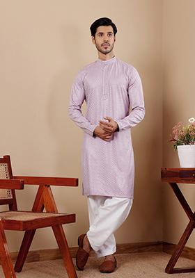 Lavender Embroidered Viscose  Kurta Set For Men