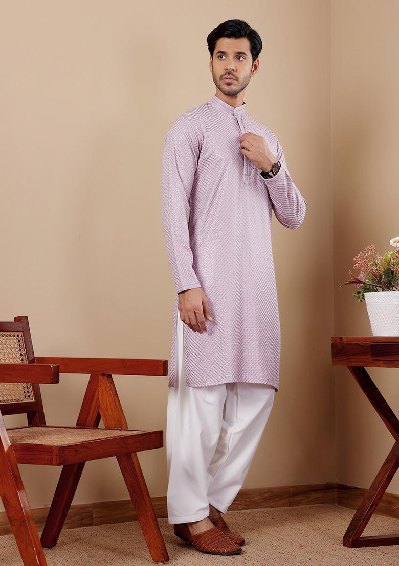 Lavender Embroidered Viscose  Kurta Set For Men