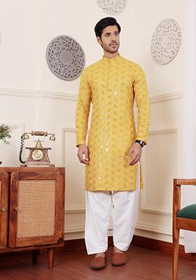 Yellow Embroidered Viscose  Kurta Set For Men