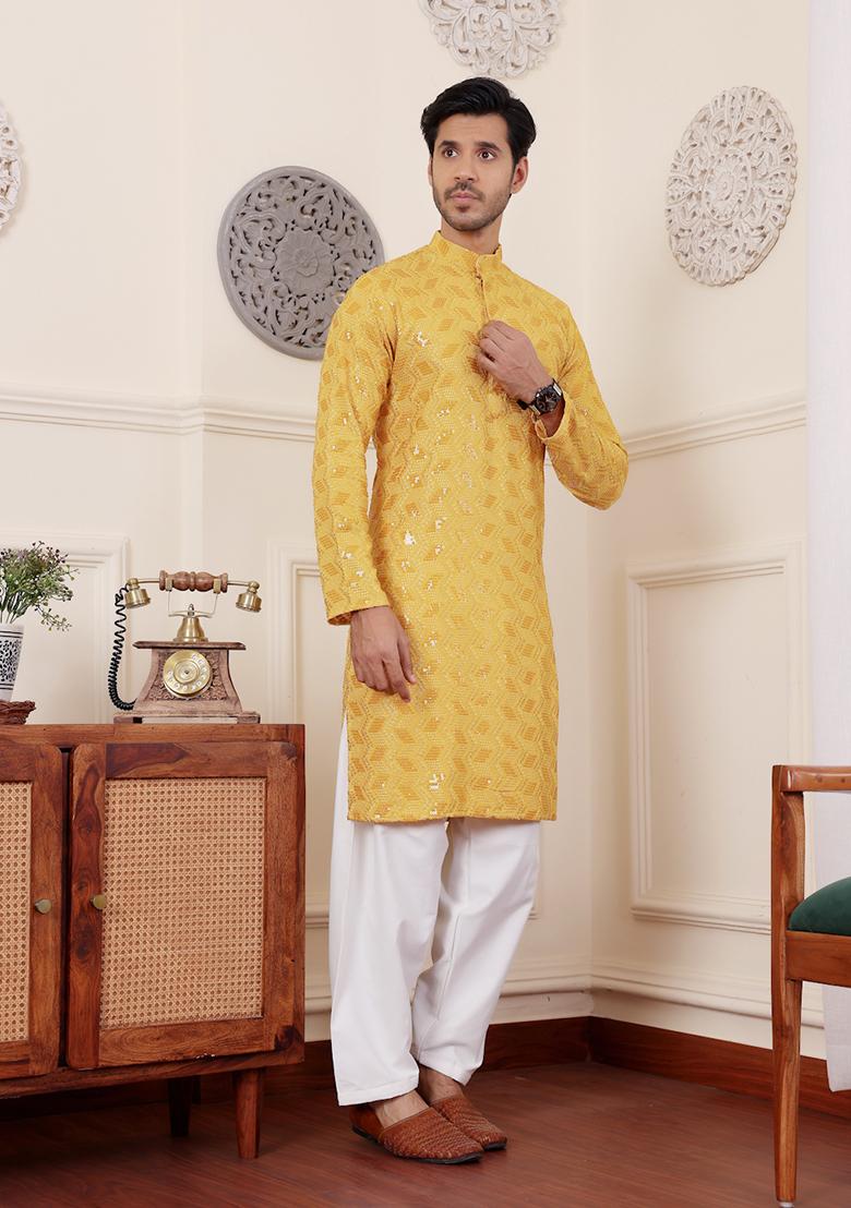 Yellow Embroidered Viscose  Kurta Set For Men