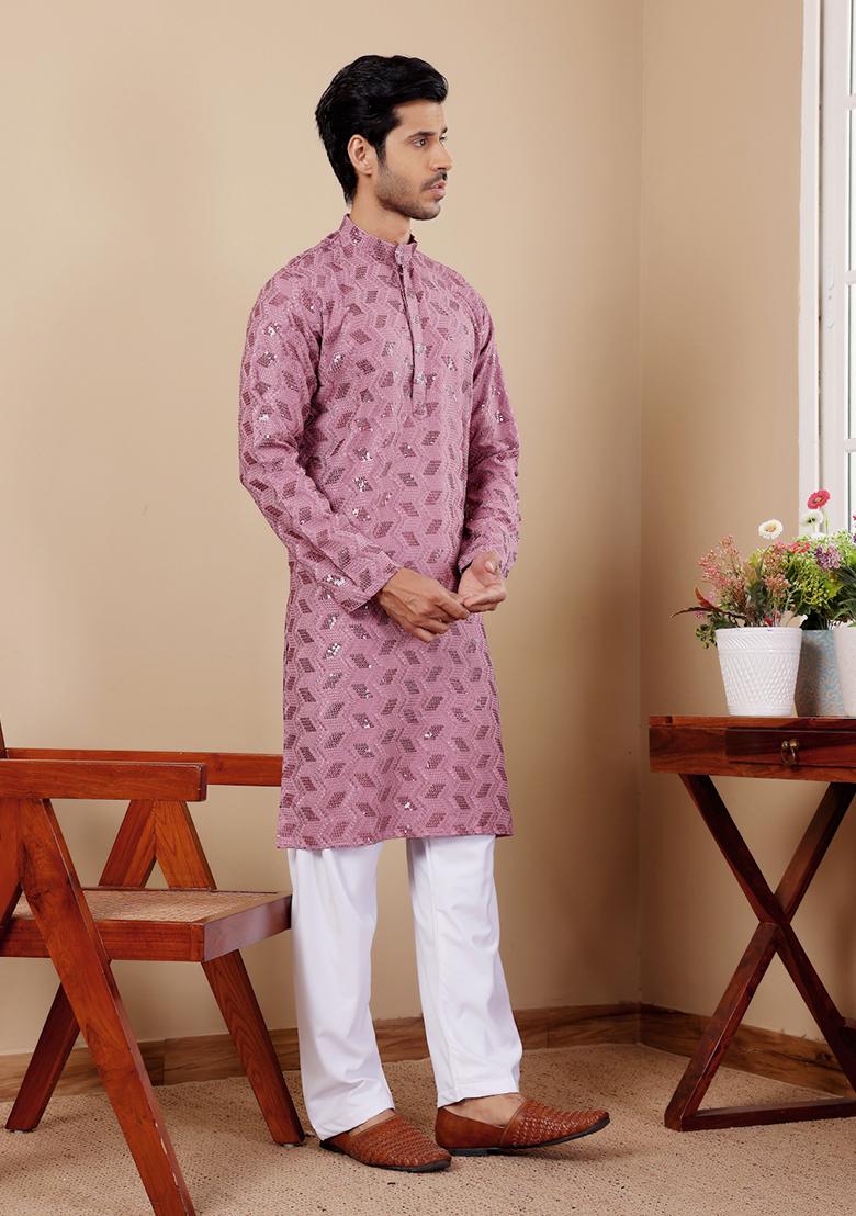 Purple Embroidered Viscose  Kurta Set For Men
