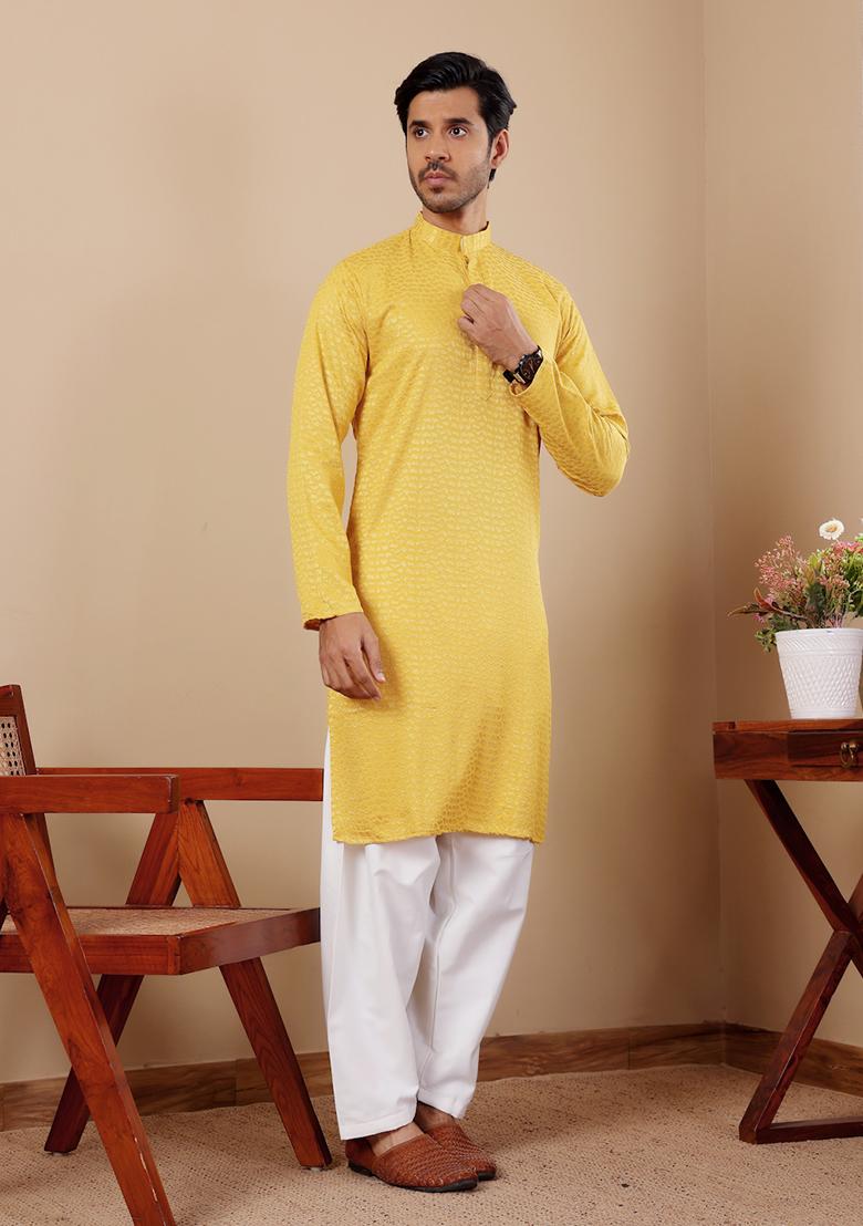 Yellow Embroidered Viscose  Kurta Set For Men
