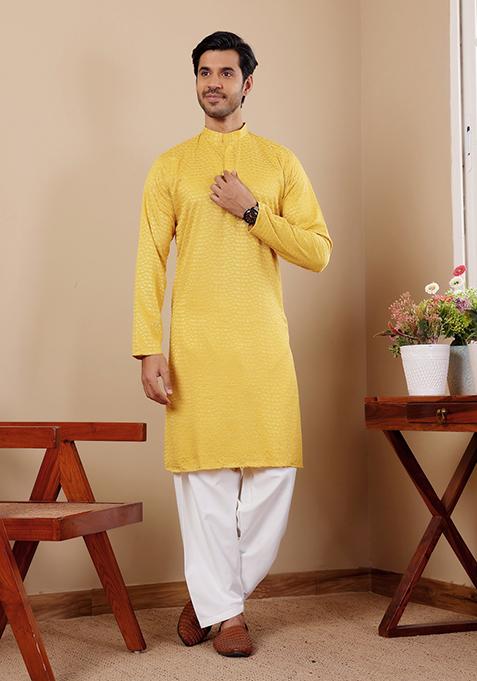 Yellow Embroidered Viscose Kurta Set For Men