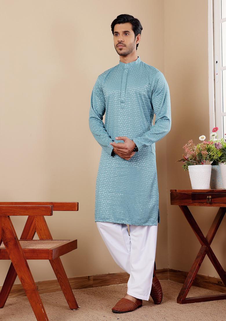 Blue Embroidered Viscose  Kurta Set For Men