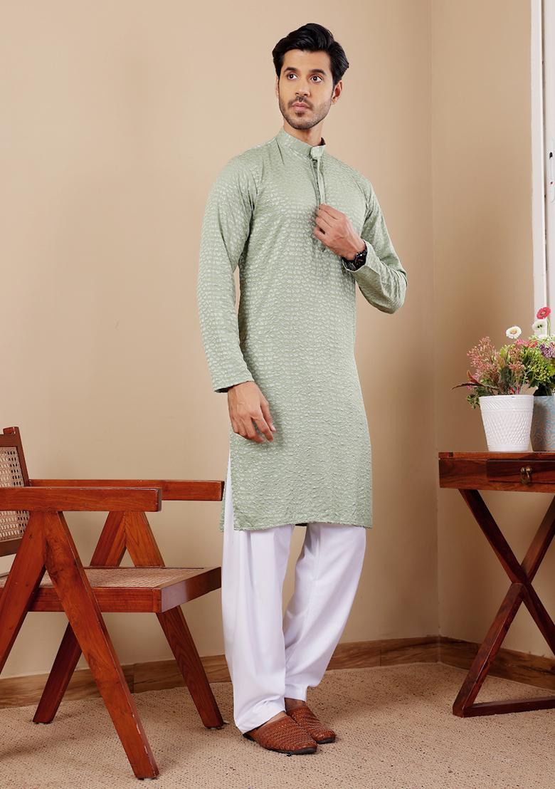 Green Embroidered Viscose Kurta Set For Men