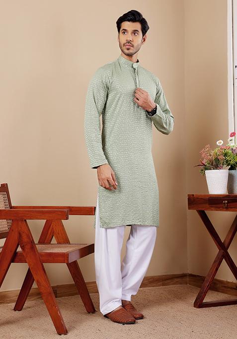 Green Embroidered Viscose Kurta Set For Men