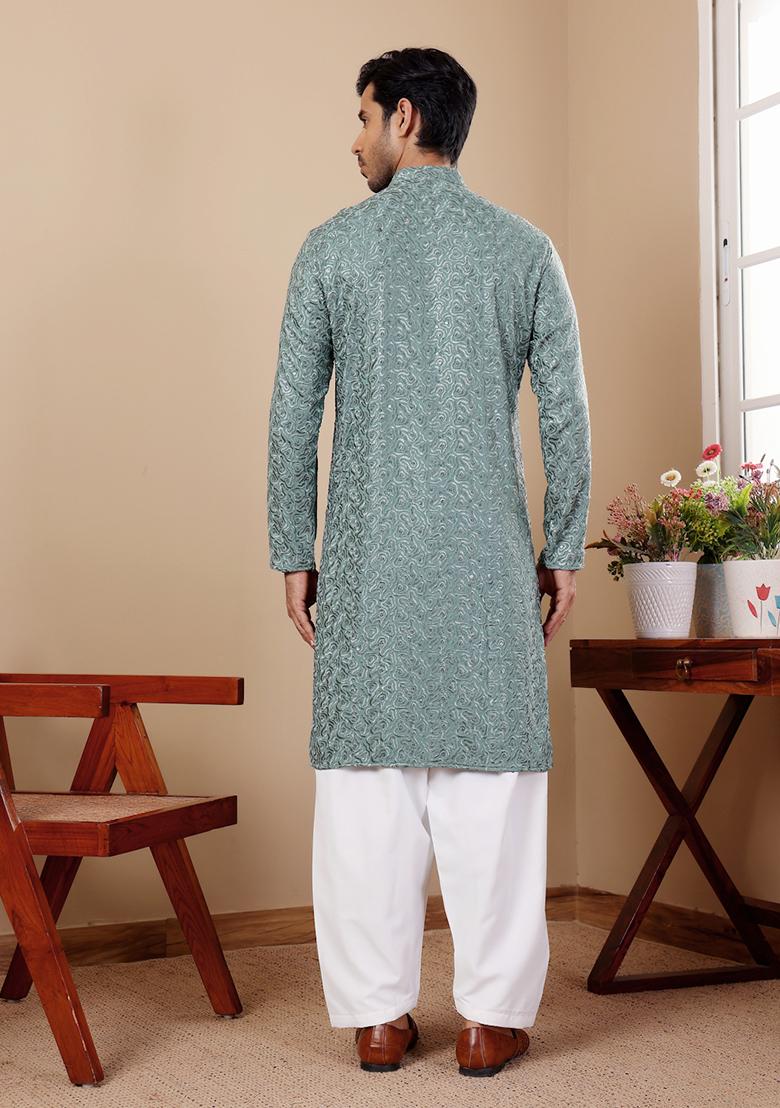 Green Embroidered Viscose Kurta Set For Men