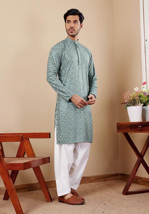 Green Embroidered Viscose Kurta Set For Men