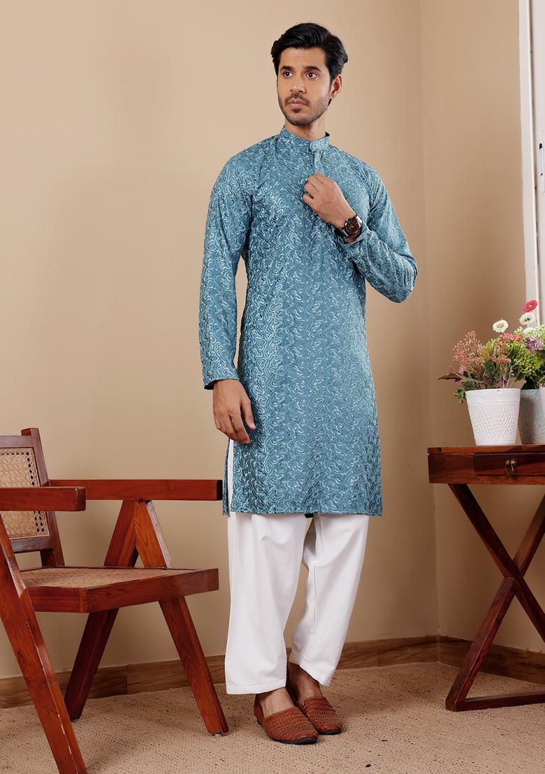 Blue Embroidered Viscose  Kurta Set For Men