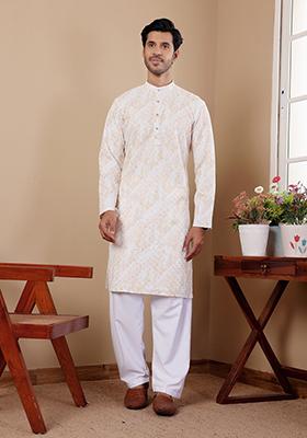 Yellow Embroidered Viscose  Kurta Set For Men
