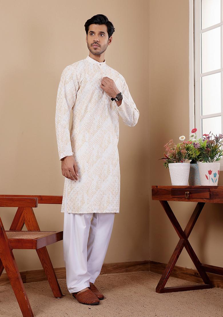 Yellow Embroidered Viscose  Kurta Set For Men