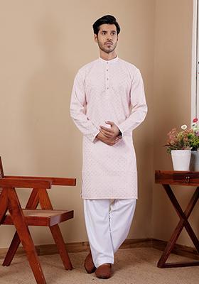 Pink  Embroidered Viscose  Kurta Set For Men
