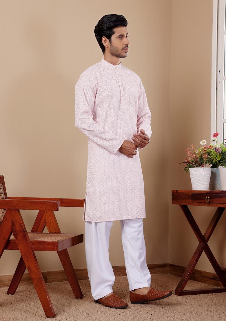 Pink  Embroidered Viscose  Kurta Set For Men