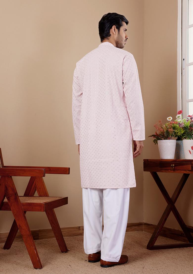 Pink  Embroidered Viscose  Kurta Set For Men - Indya