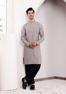 Grey Embroidered Viscose  Kurta For Men