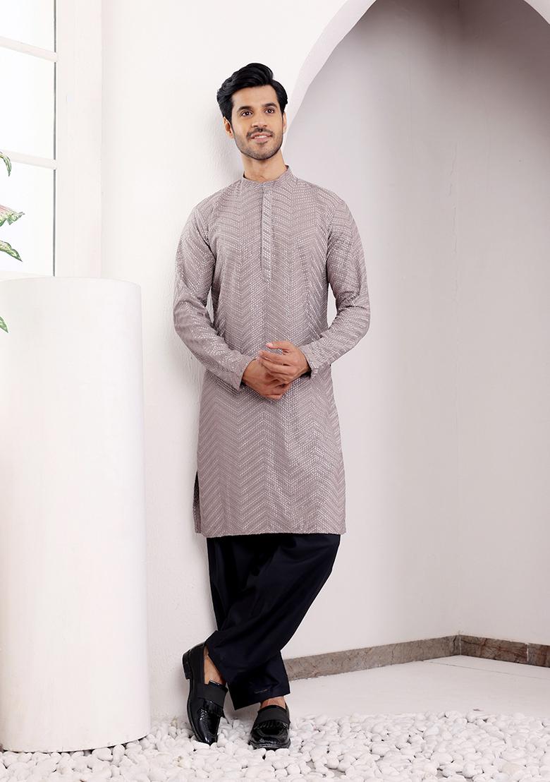 Grey Embroidered Viscose  Kurta For Men