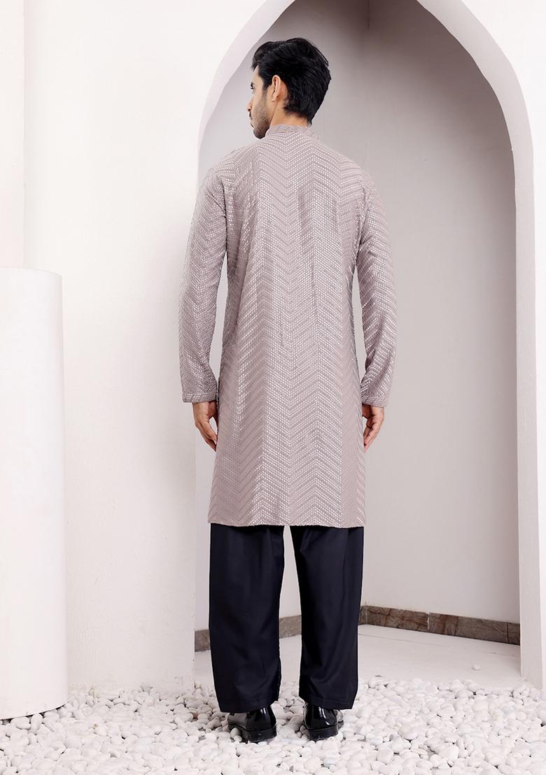 Grey Embroidered Viscose Kurta For Men