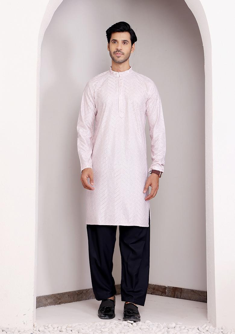 Pink Embroidered Georgette Kurta For Men