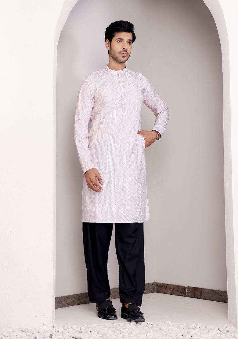 Pink Embroidered Georgette Kurta For Men