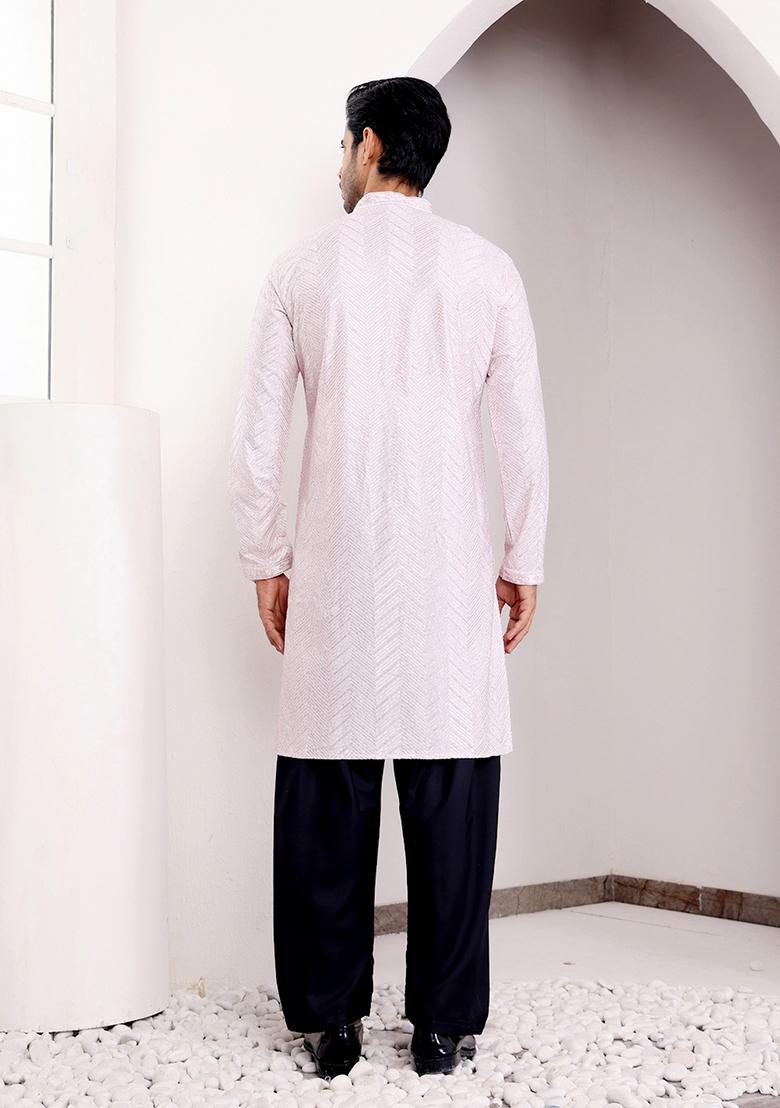 Pink Embroidered Georgette Kurta For Men