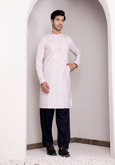Pink Embroidered Georgette Kurta For Men