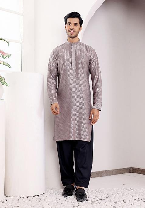 Grey Embroidered Viscose  Kurta For Men