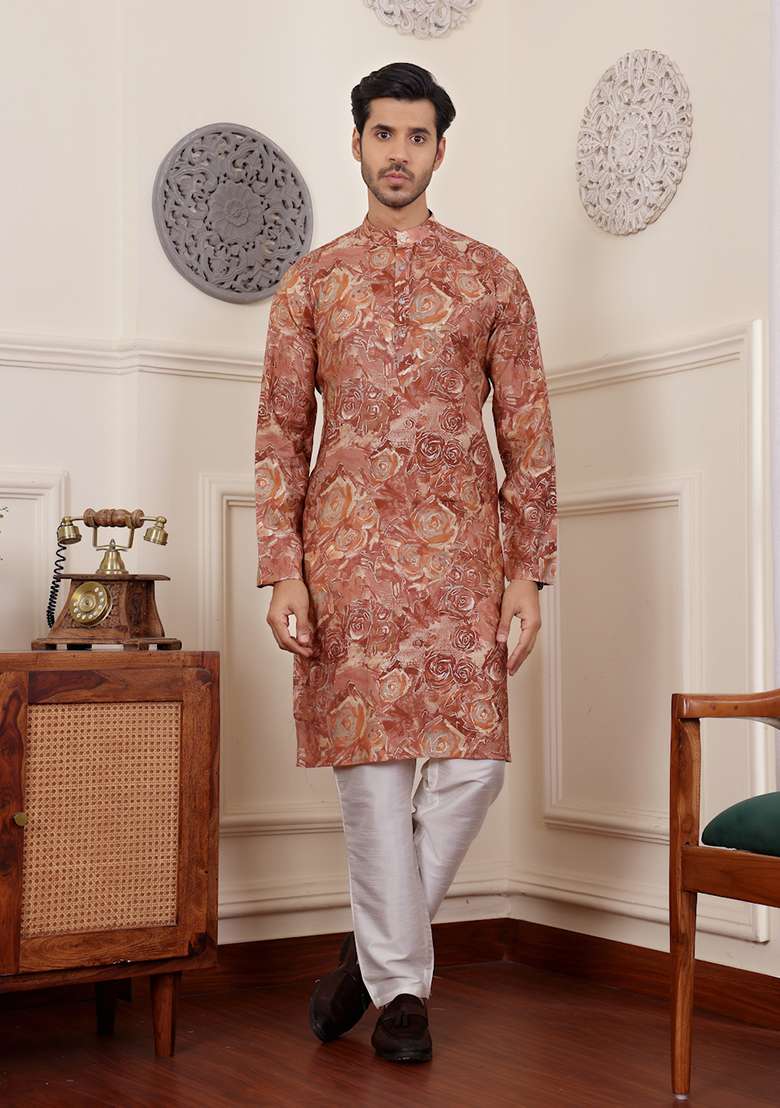 Brown Abstract print Art Silk Kurta Set For Men - Indya