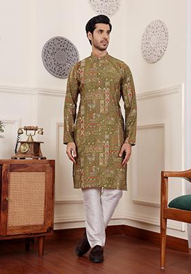 Green Abstract print Art Silk Kurta Set For Men