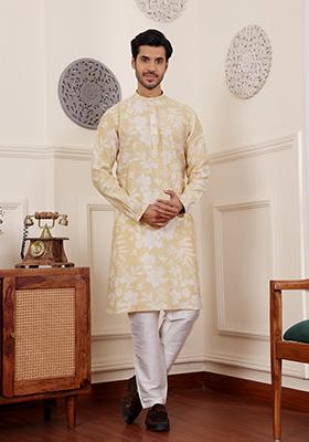Yellow Abstract print Art Silk Kurta Set For Men
