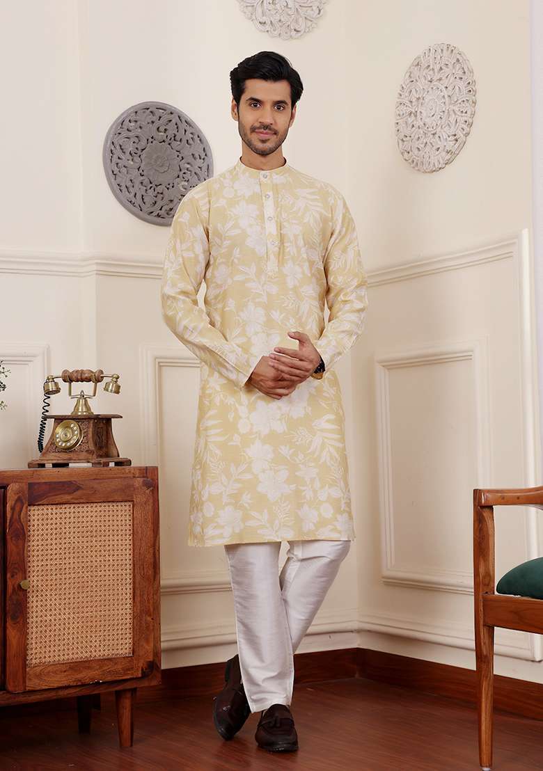 Yellow Abstract print Art Silk Kurta Set For Men - Indya