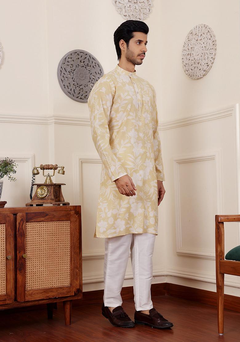 Yellow Abstract print Art Silk Kurta Set For Men