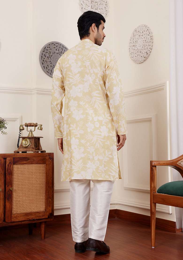 Yellow Abstract print Art Silk Kurta Set For Men - Indya