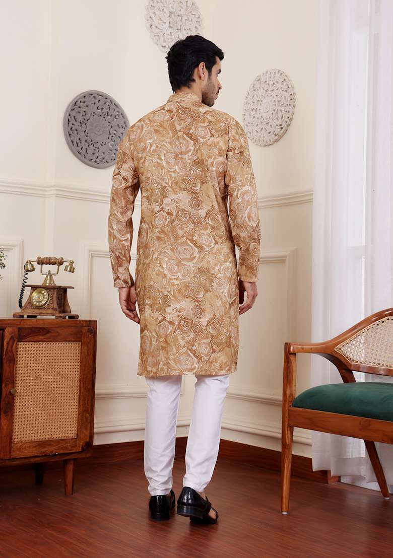 Brown Abstract print Art Silk Kurta Set For Men - Indya