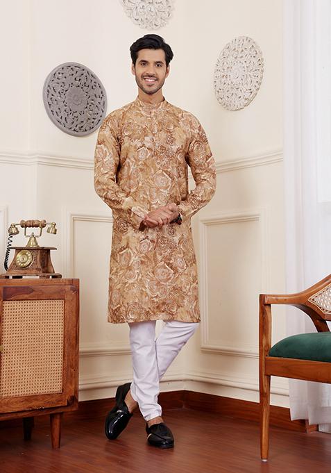 Brown Abstract print Art Silk Kurta Set For Men — view on Indya
