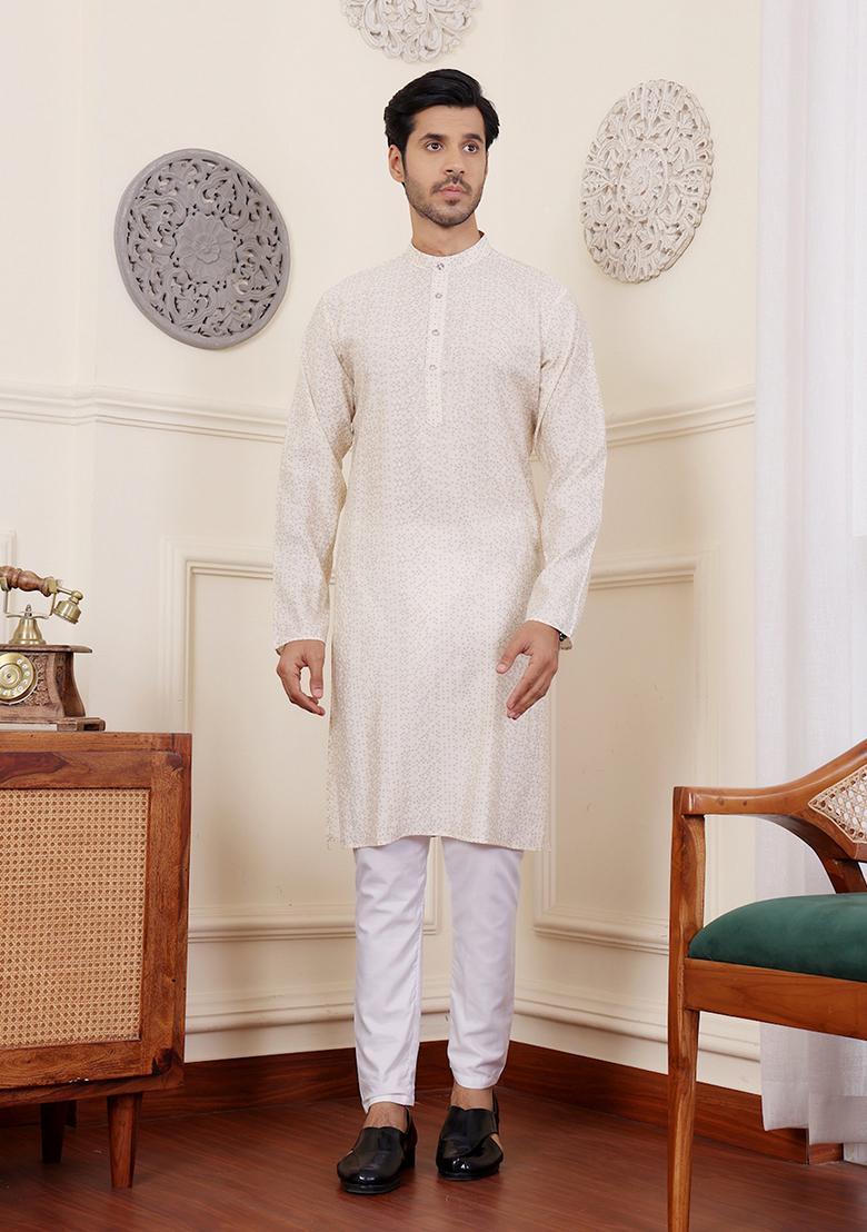 White Abstract print Art Silk Kurta Set For Men