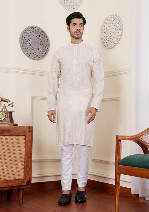 White Abstract print Art Silk Kurta Set For Men